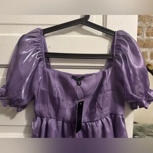THIRTY THIRTY metallic purple babydoll dress with puffy sleeves